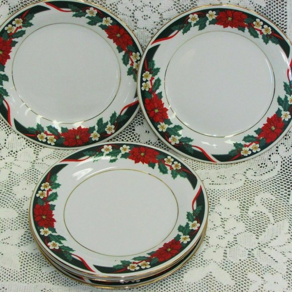 5 Christmas Salad or Cake Plates Tienshan Fine China DECK THE HALLS 7.5" Floral - Picture 3 of 6